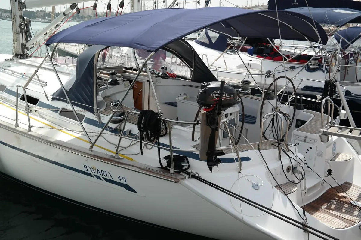 Exterior view of Monelli, a Bavaria 49 sailboat at Kontokali, Greece