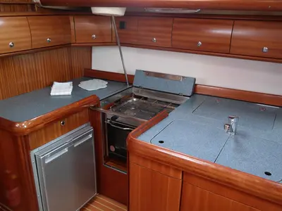 Galley of Monelli, a Bavaria 49 sailboat at Kontokali, Greece