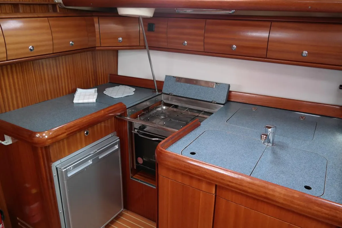 Galley of Monelli, a Bavaria 49 sailboat at Kontokali, Greece