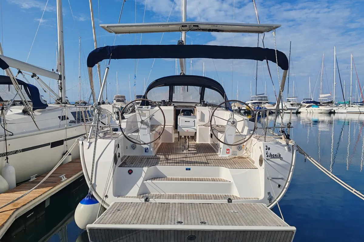 Exterior view of Io, a Bavaria Cruiser 46 sailboat at Općina Pakoštane, Croatia