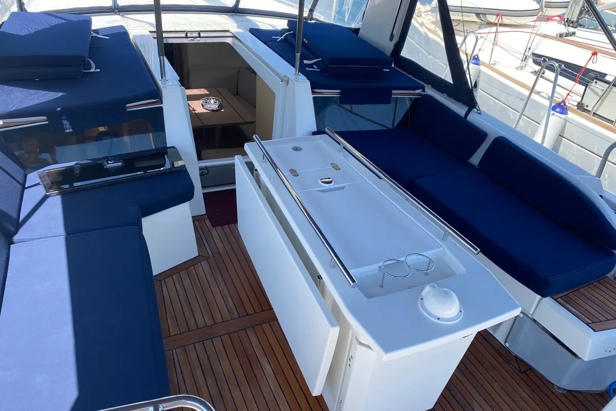 Deck of Ferro Azzurro, a Beneteau Oceanis 46.1 sailboat at Olbia, Italy