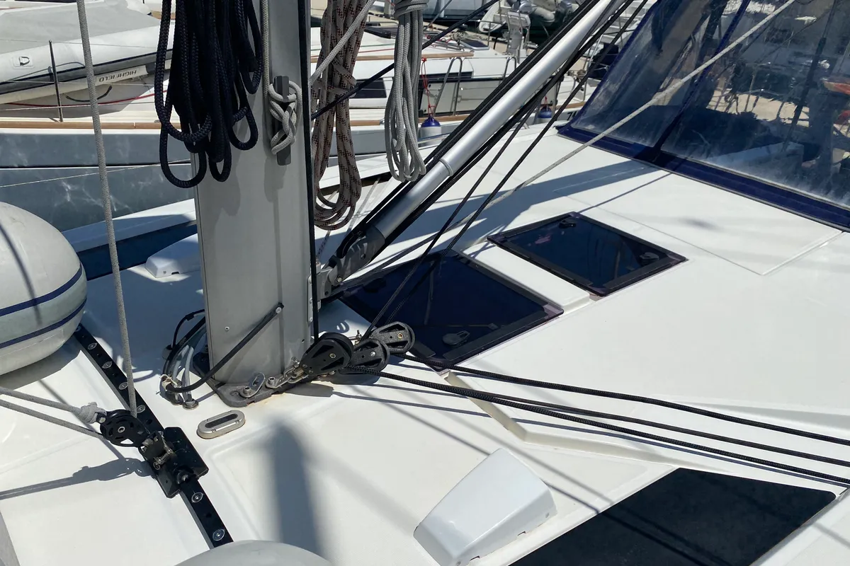 Deck of Ferro Azzurro, a Beneteau Oceanis 46.1 sailboat at Olbia, Italy