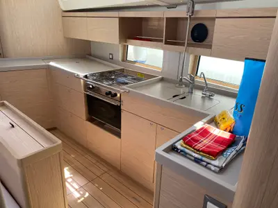 Galley of Ferro Azzurro, a Beneteau Oceanis 46.1 sailboat at Olbia, Italy
