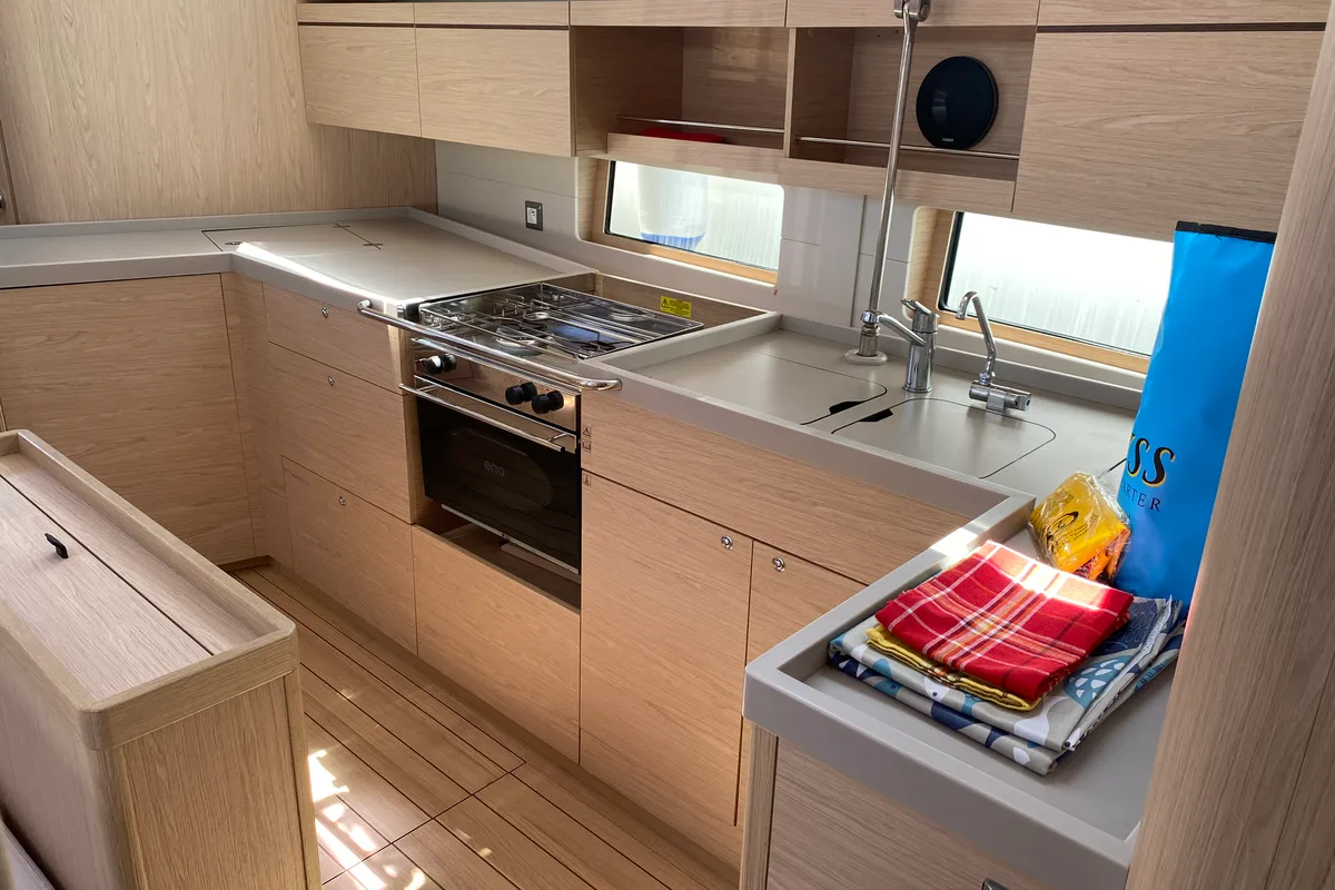 Galley of Ferro Azzurro, a Beneteau Oceanis 46.1 sailboat at Olbia, Italy