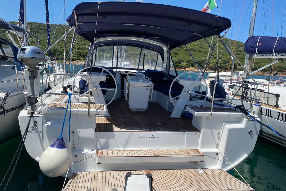 Cockpit of Ferro Azzurro, a Beneteau Oceanis 46.1 sailboat at Olbia, Italy