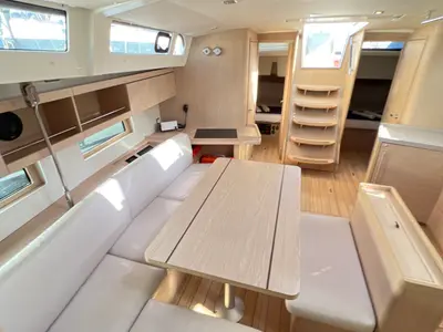 Salon of Ferro Azzurro, a Beneteau Oceanis 46.1 sailboat at Olbia, Italy