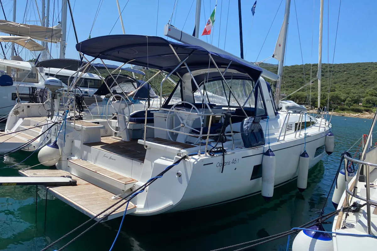 Exterior view of Ferro Azzurro, a Beneteau Oceanis 46.1 sailboat at Olbia, Italy