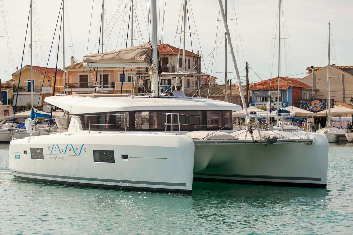 Exterior view of Nirvana, a Lagoon 42 catamaran at Municipal Unit of Lefkada, Greece