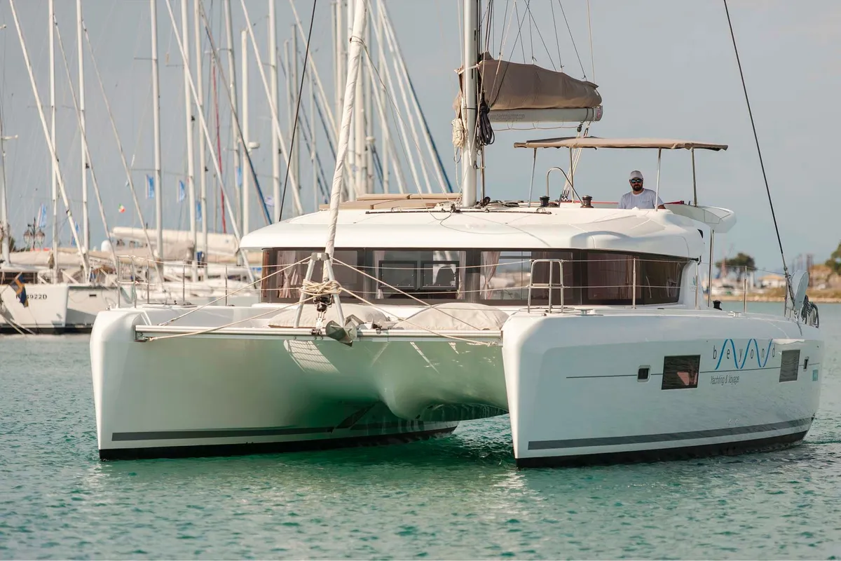 Exterior view of Nirvana, a Lagoon 42 catamaran at Municipal Unit of Lefkada, Greece