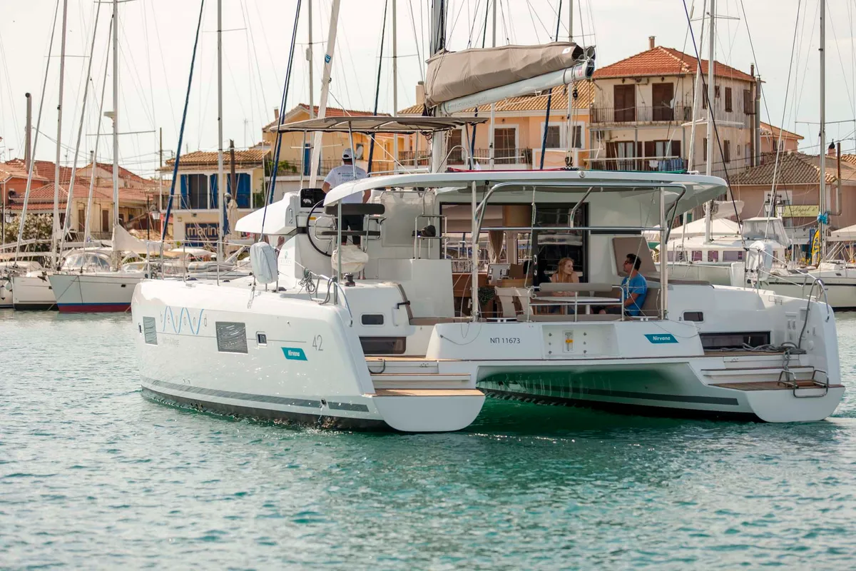 Exterior view of Nirvana, a Lagoon 42 catamaran at Municipal Unit of Lefkada, Greece