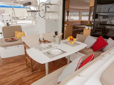 Deck of Nirvana, a Lagoon 42 catamaran at Municipal Unit of Lefkada, Greece