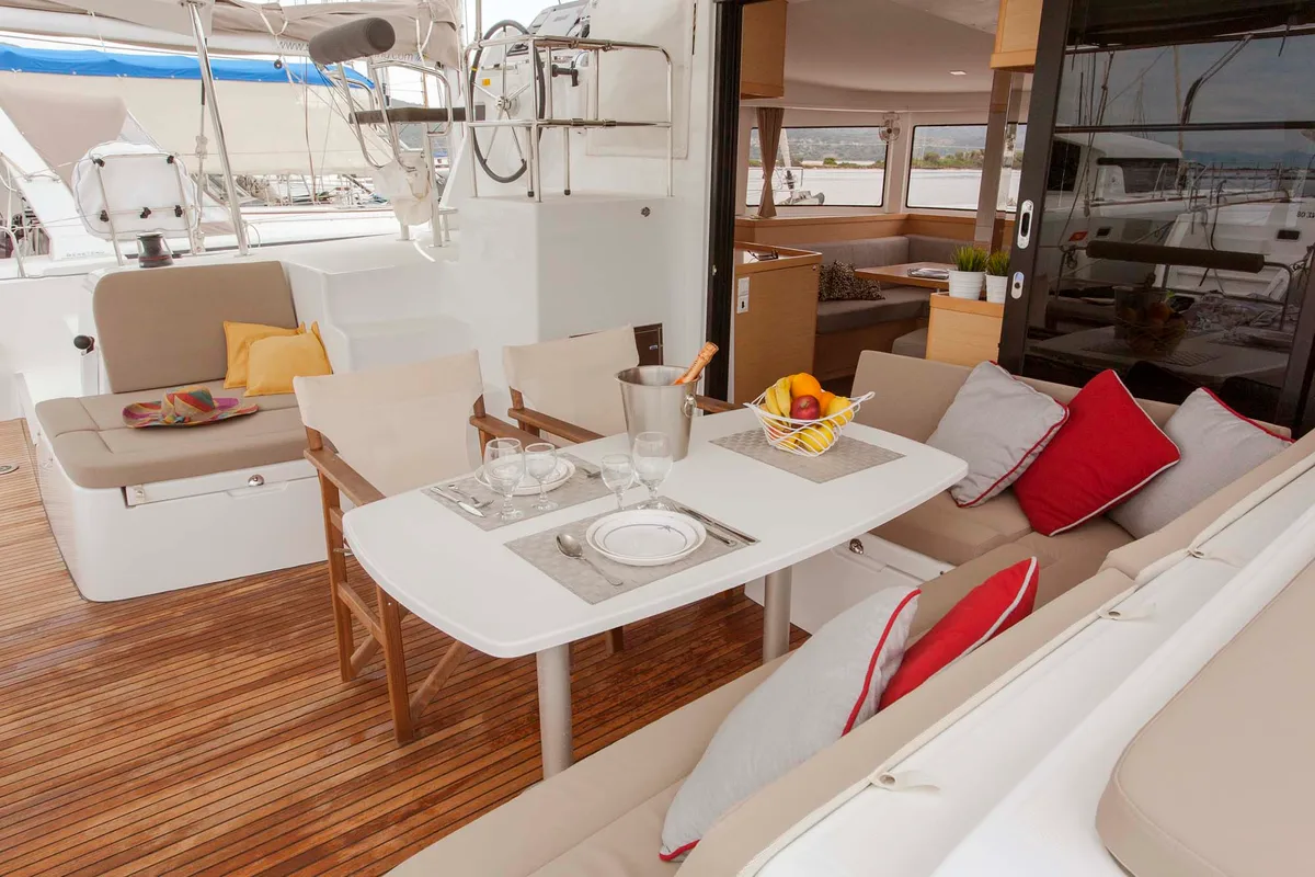 Deck of Nirvana, a Lagoon 42 catamaran at Municipal Unit of Lefkada, Greece