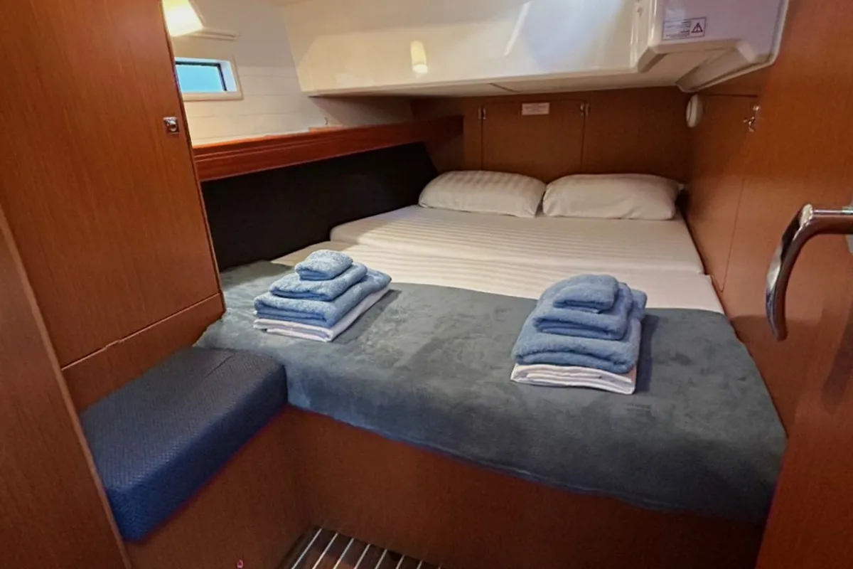 Cabin on Leonidas II, a Bavaria Cruiser 46 sailboat at Athens, Greece