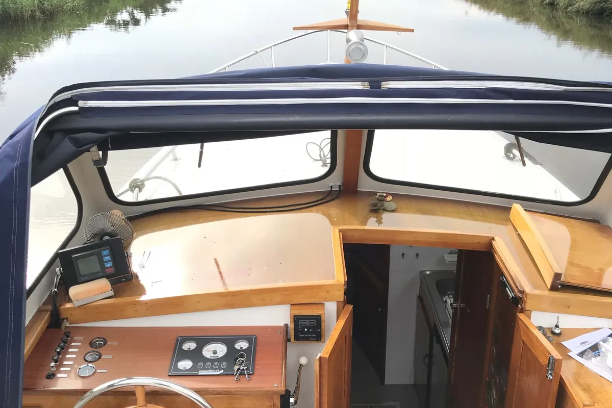 Cockpit of Myrthe, a Gulet Boarnkruiser 920 motorboat at Heukelum, Netherlands