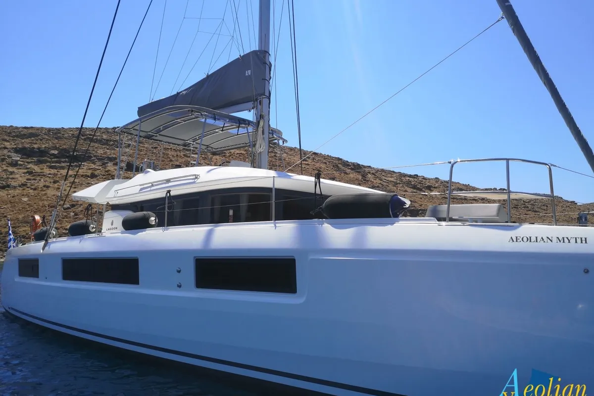 Exterior view of Aeolian Myth, a Lagoon 50 catamaran at Preveza, Greece