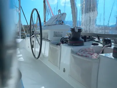 Cockpit of Aeolian Myth, a Lagoon 50 catamaran at Preveza, Greece