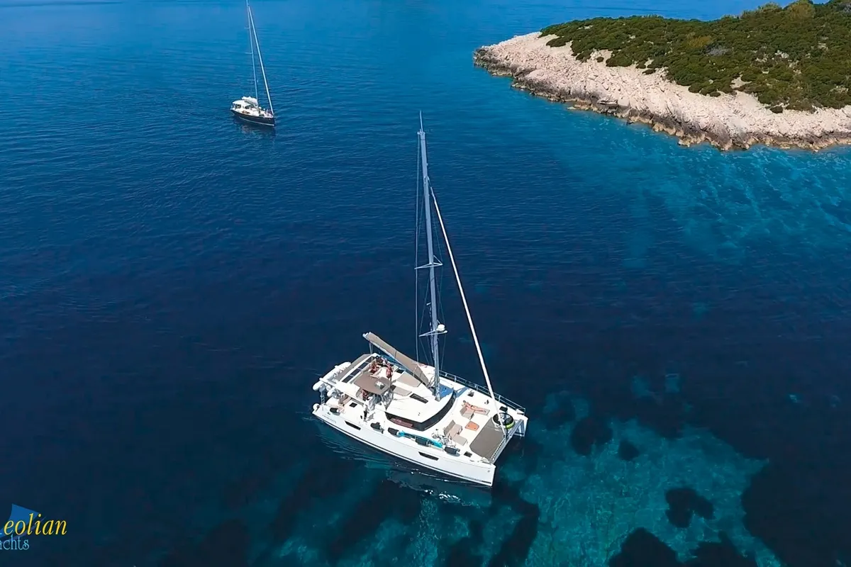 Exterior view of Aeolian Myth, a Lagoon 50 catamaran at Preveza, Greece