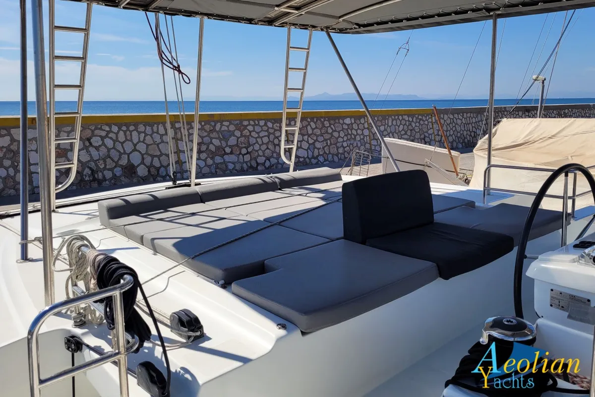 Deck of Aeolian Myth, a Lagoon 50 catamaran at Preveza, Greece