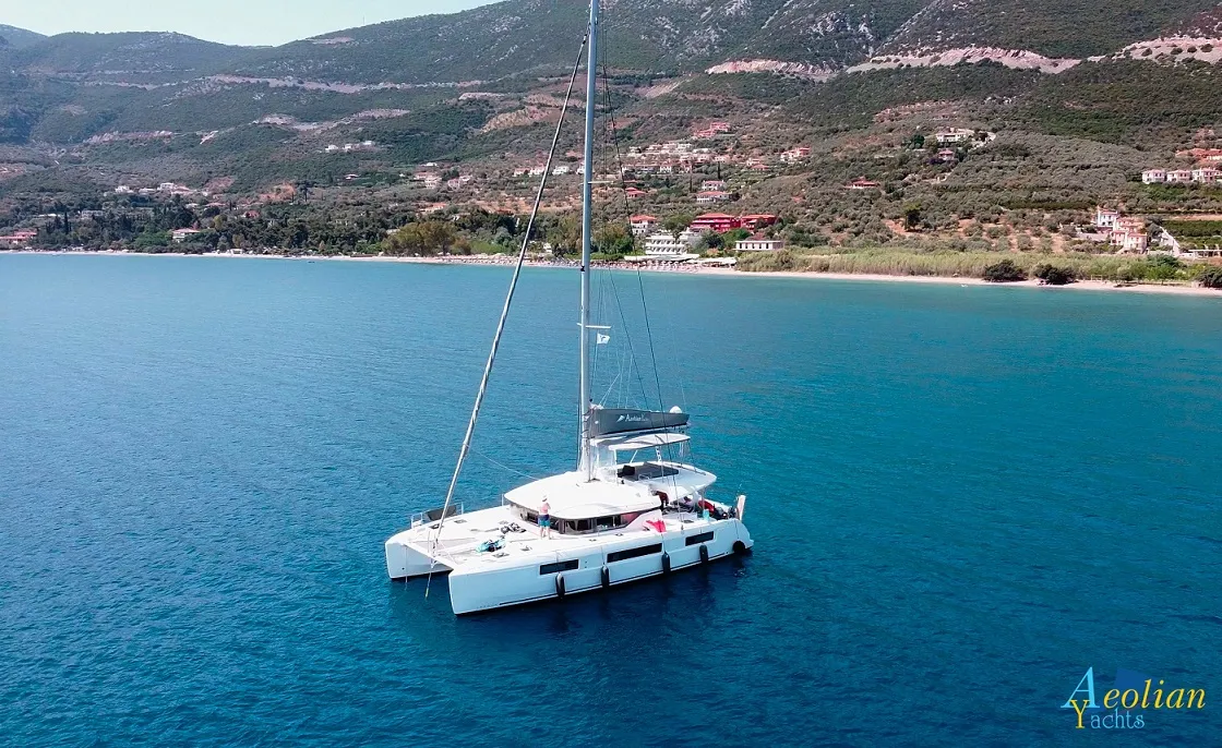 Exterior view of Aeolian Myth, a Lagoon 50 catamaran at Preveza, Greece