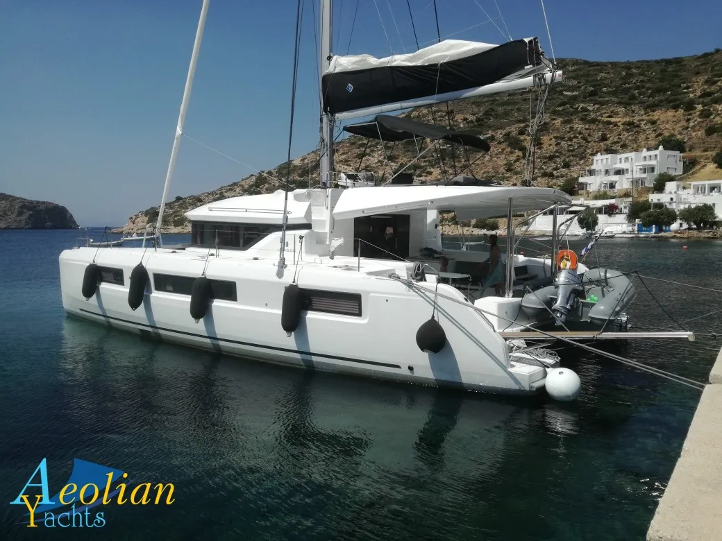 Exterior view of Aeolian Myth, a Lagoon 50 catamaran at Preveza, Greece