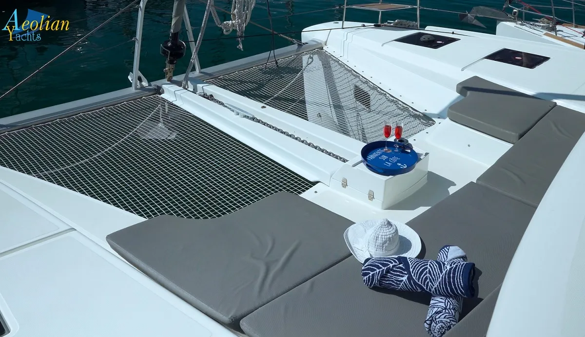 Deck of Aeolian Myth, a Lagoon 50 catamaran at Preveza, Greece