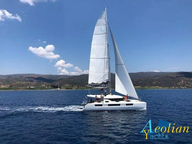 Exterior view of Aeolian Myth, a Lagoon 50 catamaran at Preveza, Greece