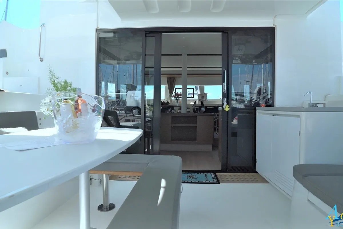 Deck of Aeolian Myth, a Lagoon 50 catamaran at Preveza, Greece