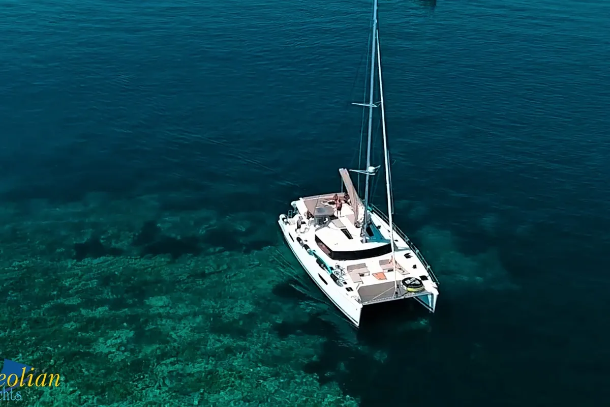 Exterior view of Aeolian Myth, a Lagoon 50 catamaran at Preveza, Greece
