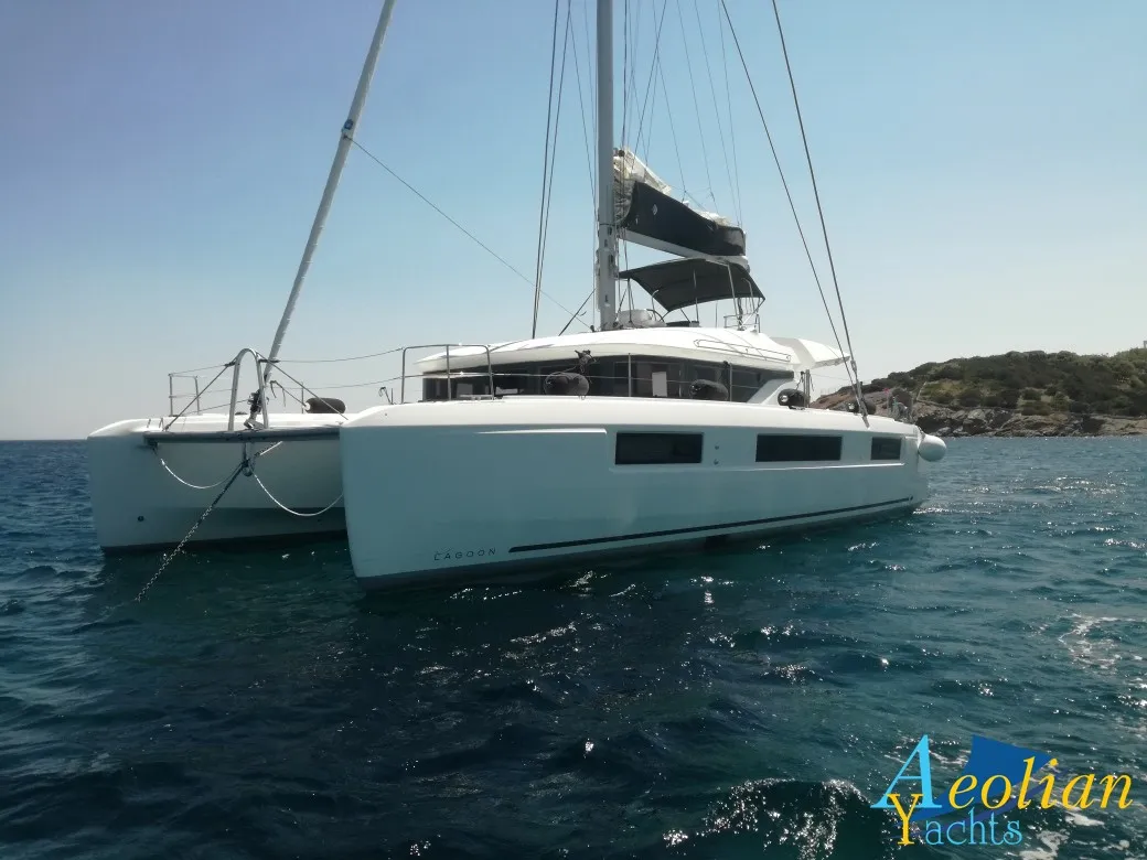Exterior view of Aeolian Myth, a Lagoon 50 catamaran at Preveza, Greece