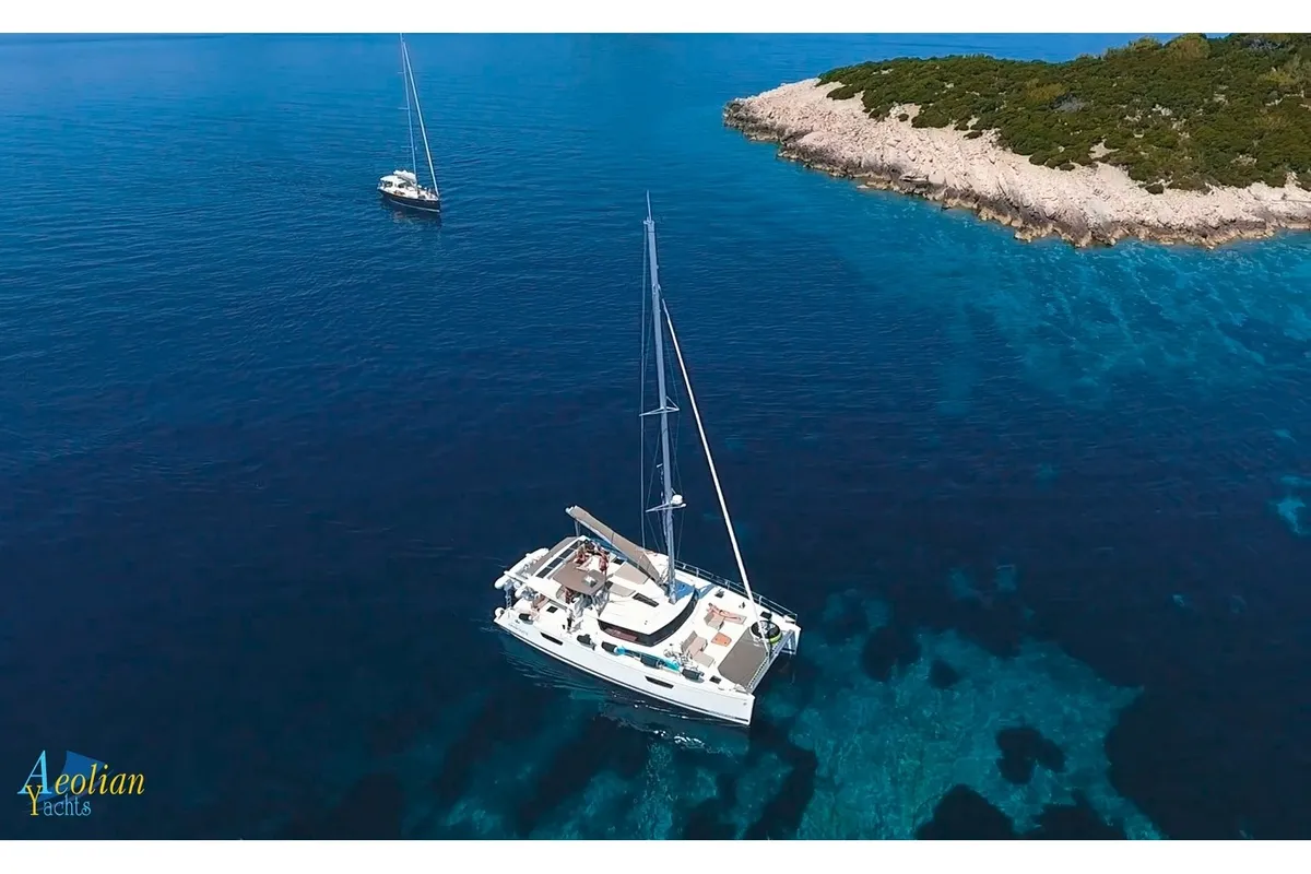 Exterior view of Aeolian Myth, a Lagoon 50 catamaran at Preveza, Greece