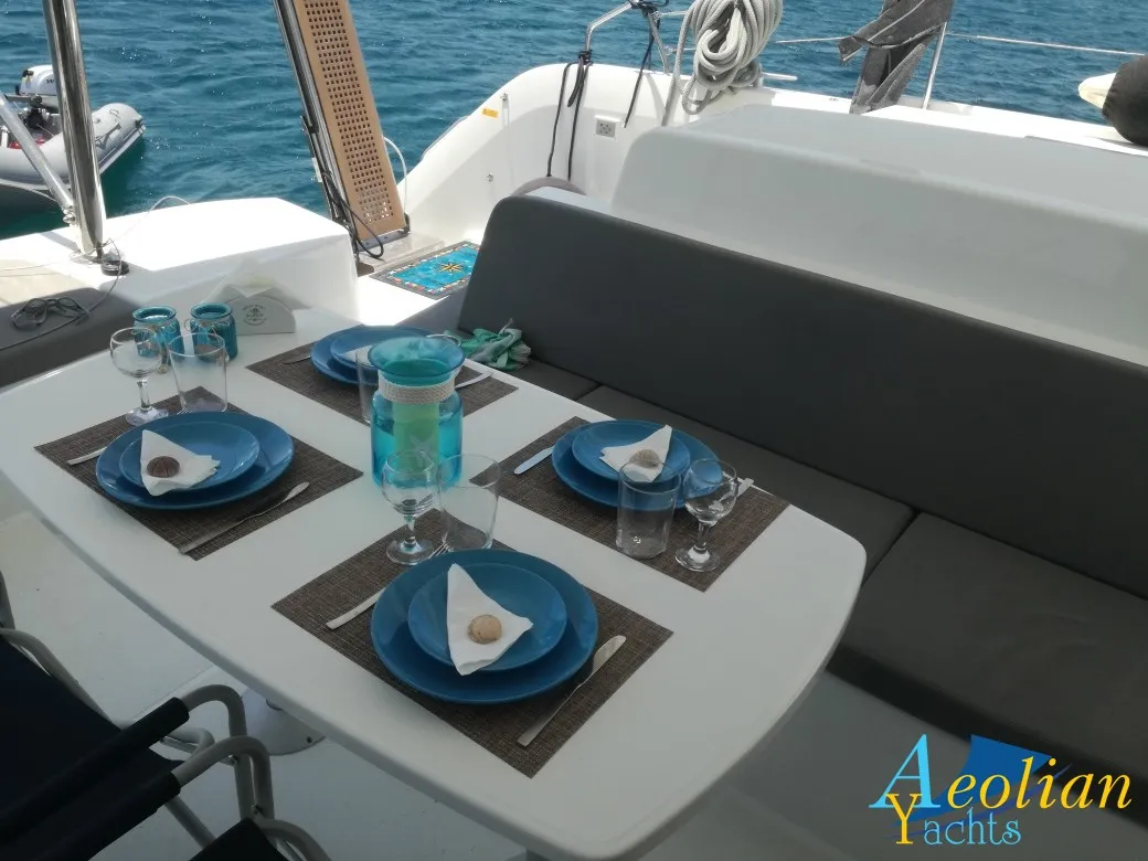 Deck of Aeolian Myth, a Lagoon 50 catamaran at Preveza, Greece