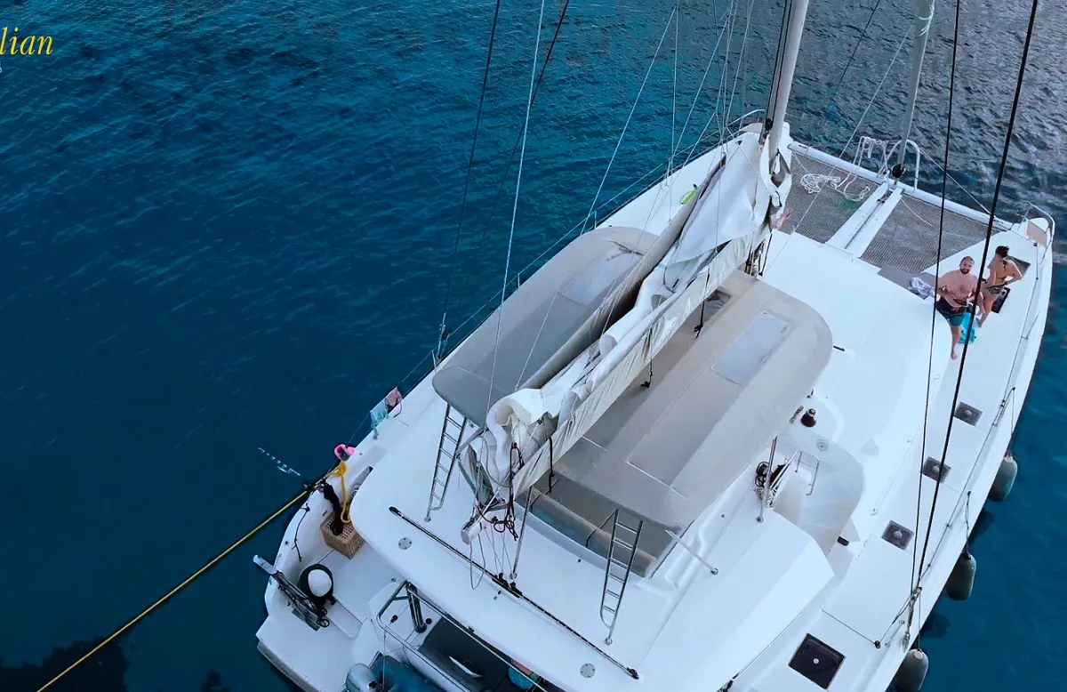 Deck of Aeolian Myth, a Lagoon 50 catamaran at Preveza, Greece
