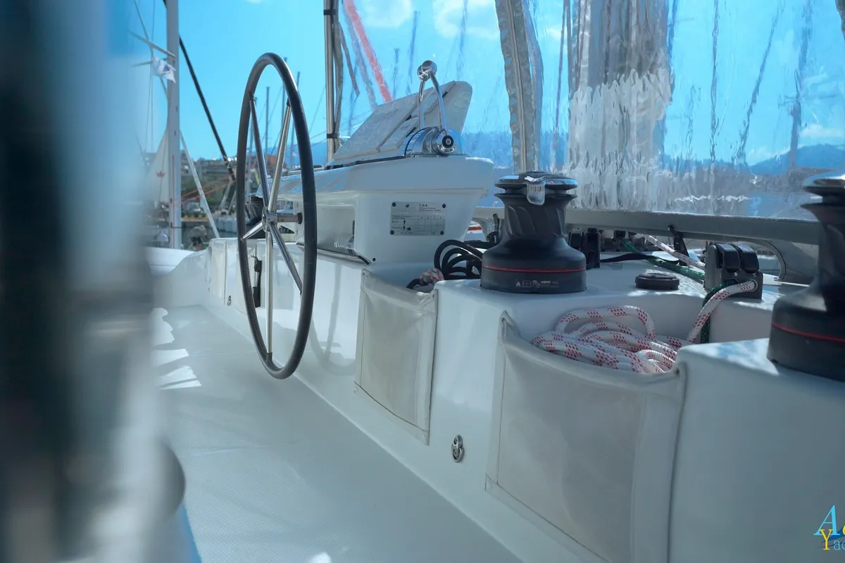 Cockpit of Aeolian Myth, a Lagoon 50 catamaran at Preveza, Greece