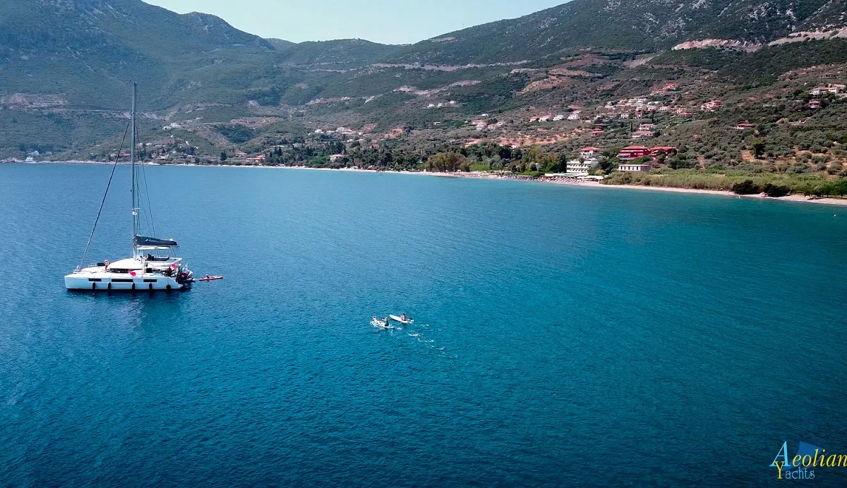 Exterior view of Aeolian Myth, a Lagoon 50 catamaran at Preveza, Greece