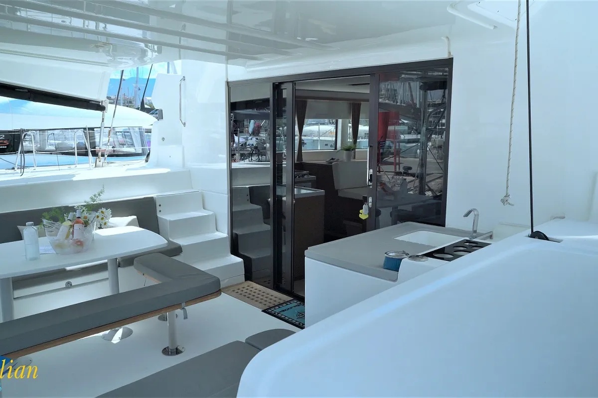 Deck of Aeolian Myth, a Lagoon 50 catamaran at Preveza, Greece