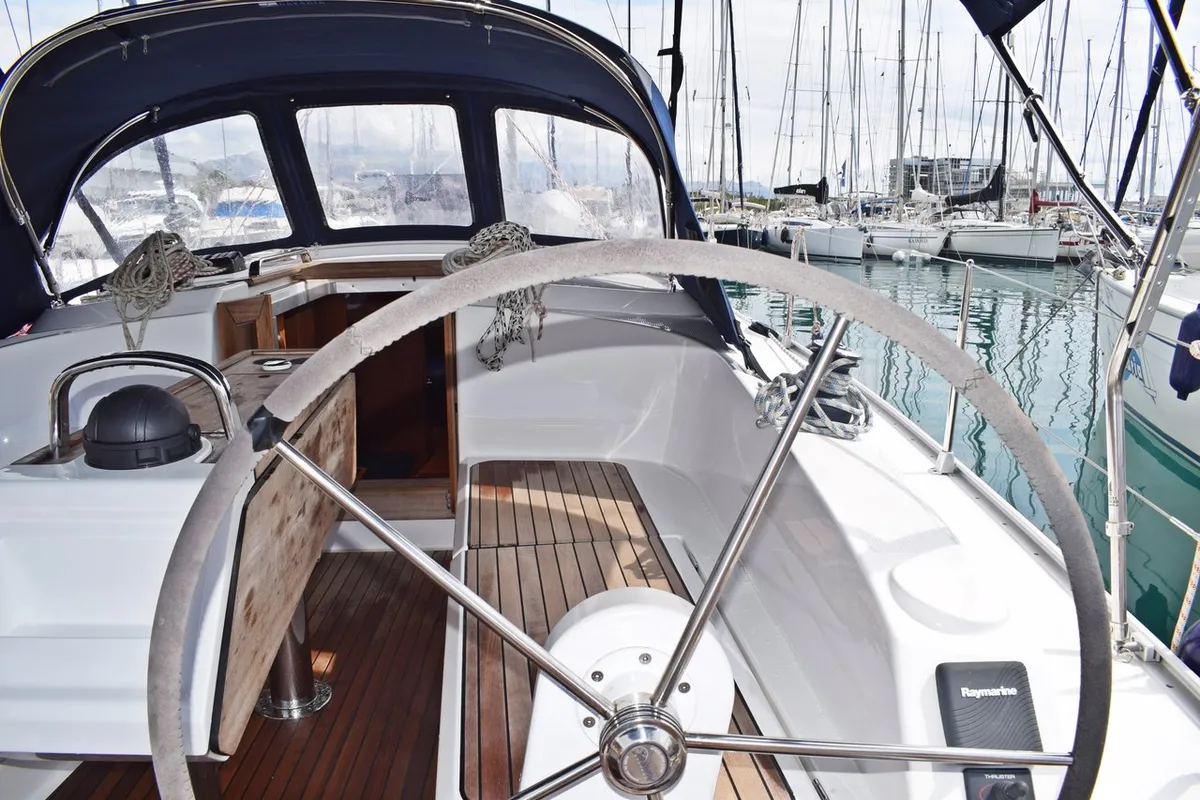 Cockpit of Zaklopatica, a Bavaria Cruiser 37 sailboat at Grad Kaštela, Croatia