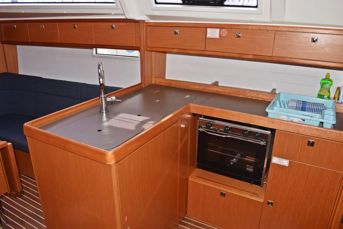 Galley of Zaklopatica, a Bavaria Cruiser 37 sailboat at Grad Kaštela, Croatia