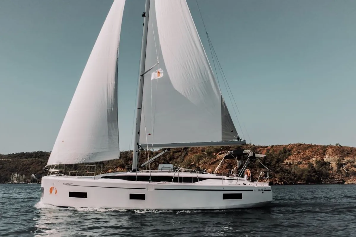Exterior view of Coconut, a Bavaria C38 sailboat at Fethiye, Turkey