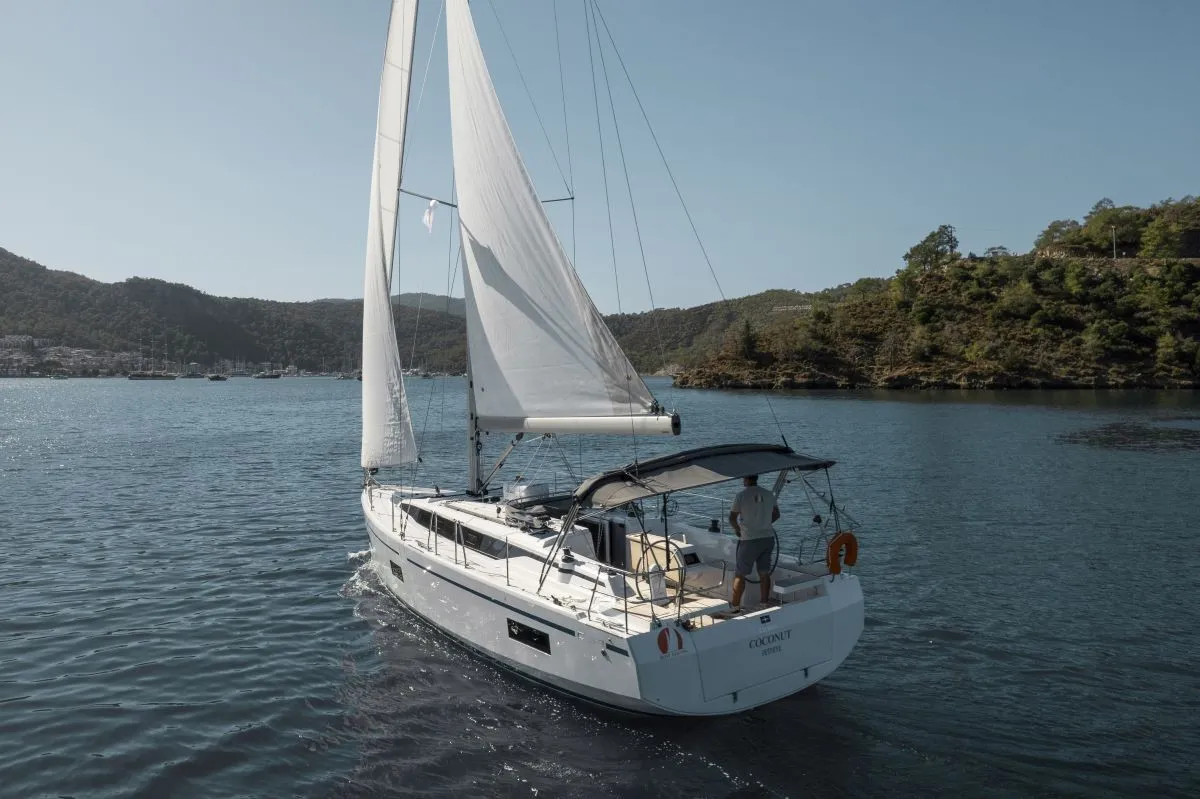 Exterior view of Coconut, a Bavaria C38 sailboat at Fethiye, Turkey