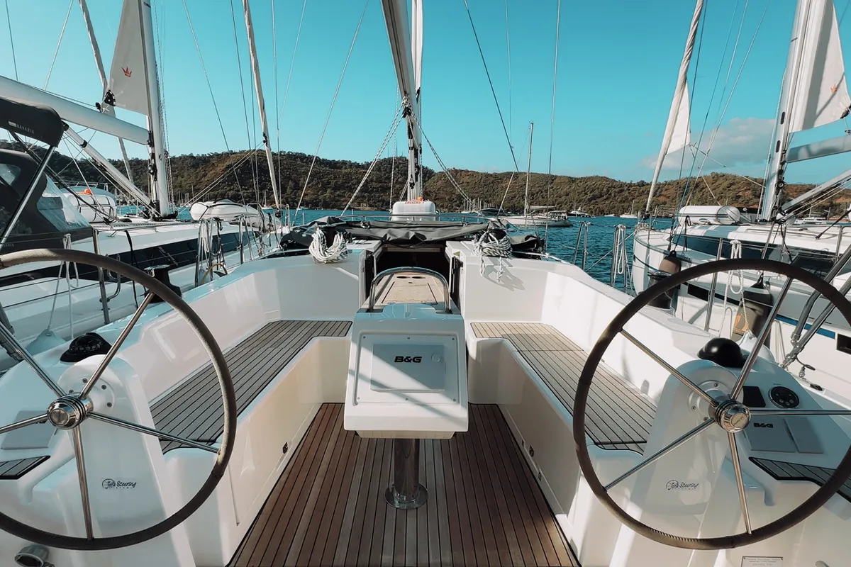 Cockpit of Coconut, a Bavaria C38 sailboat at Fethiye, Turkey