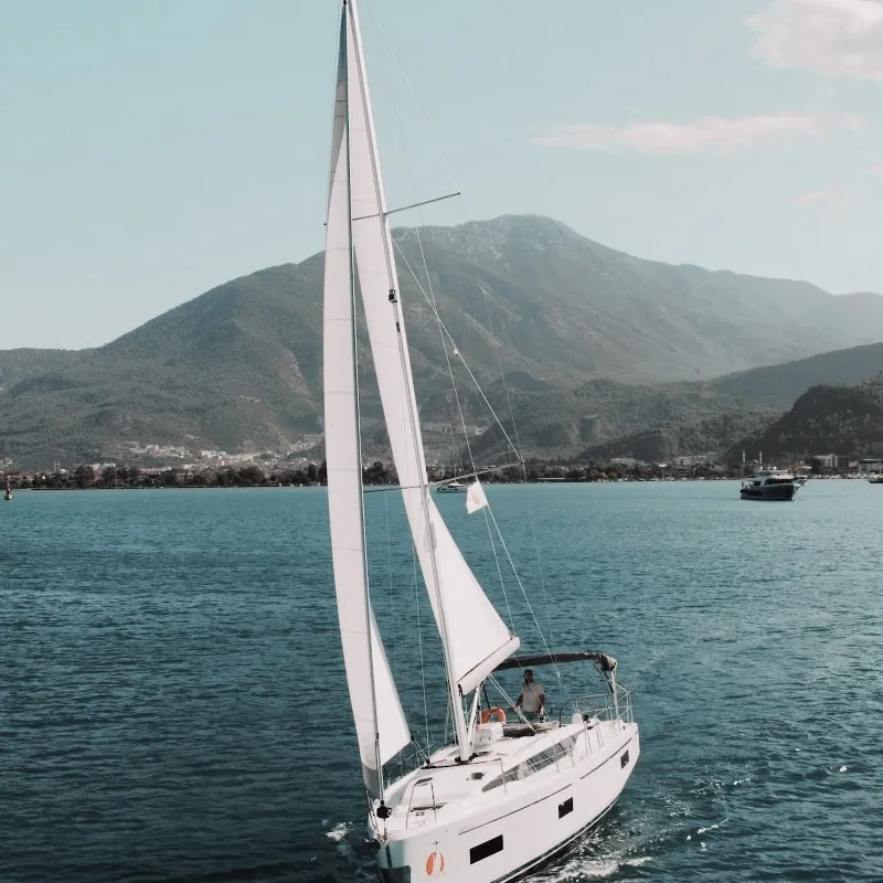 Exterior view of Coconut, a Bavaria C38 sailboat at Fethiye, Turkey