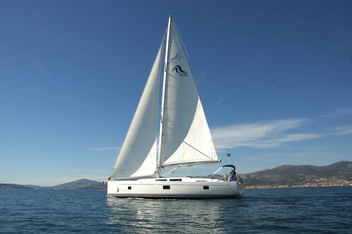 Exterior view of Golden Box, a Hanse 508 sailboat at Grad Kaštela, Croatia