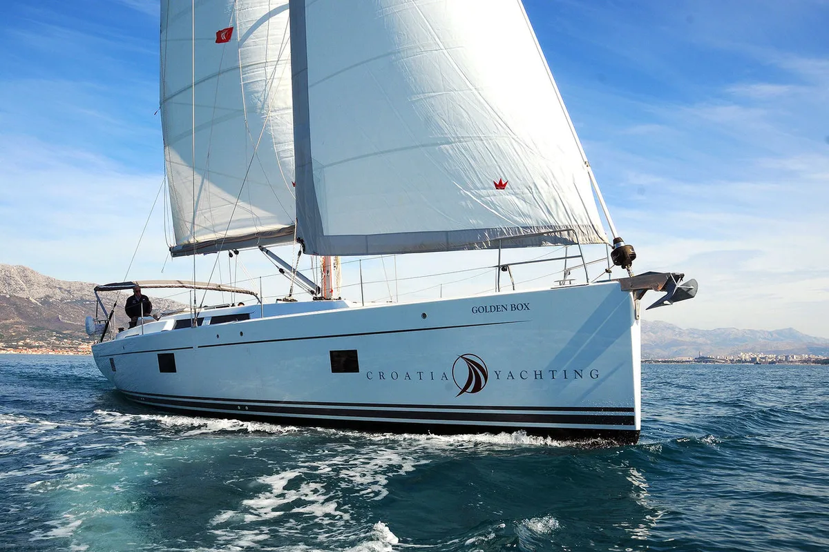 Exterior view of Golden Box, a Hanse 508 sailboat at Grad Kaštela, Croatia