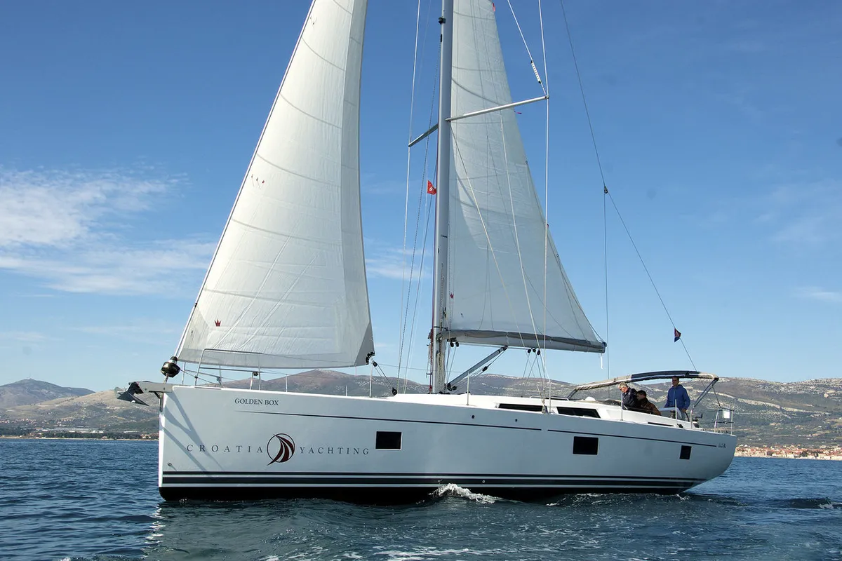 Exterior view of Golden Box, a Hanse 508 sailboat at Grad Kaštela, Croatia