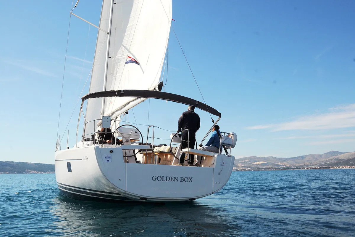 Exterior view of Golden Box, a Hanse 508 sailboat at Grad Kaštela, Croatia