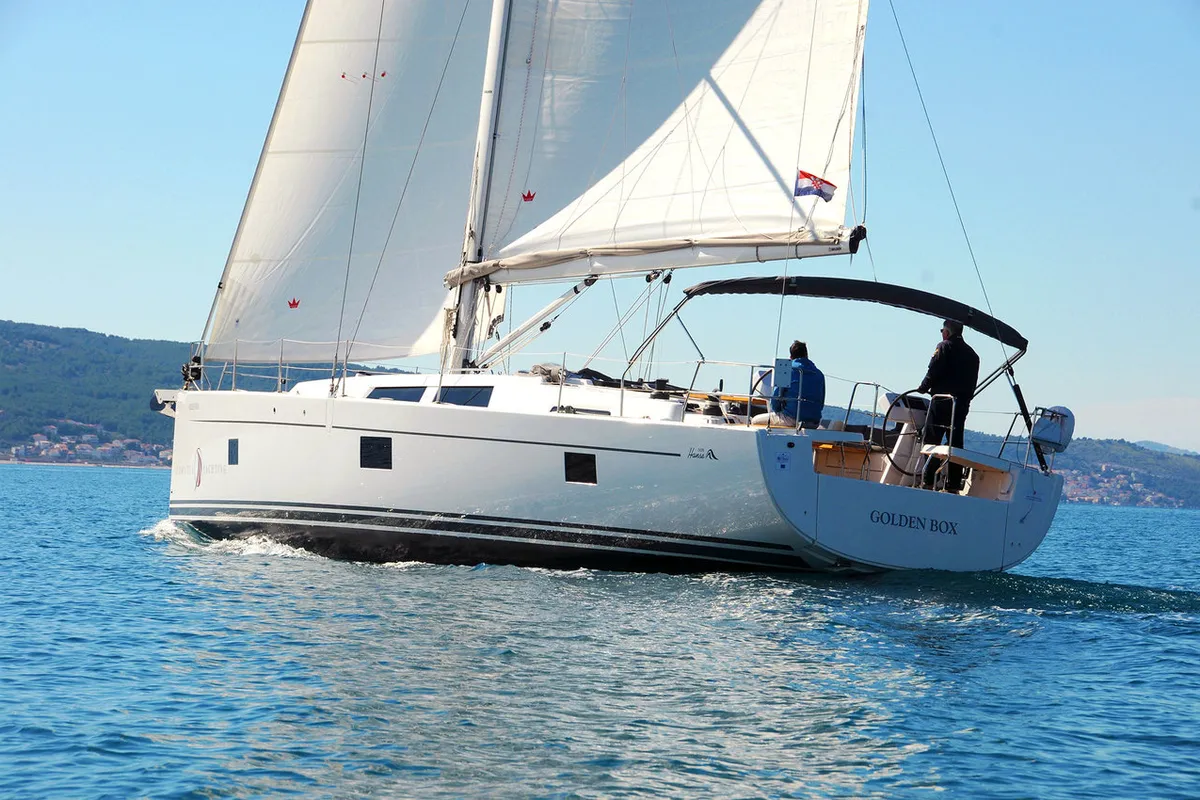 Exterior view of Golden Box, a Hanse 508 sailboat at Grad Kaštela, Croatia