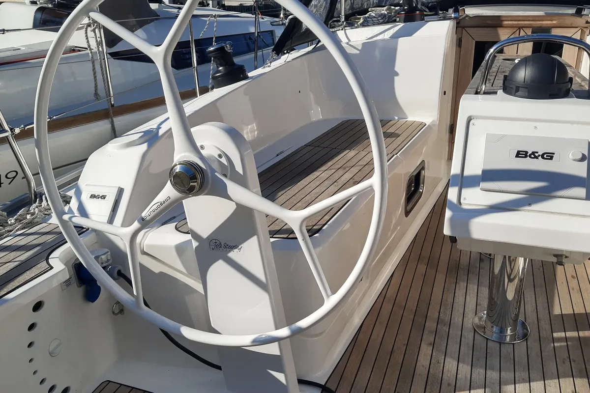 Cockpit of Sixteen, a Bavaria 37 Cruiser sailboat at Fisksätra, Sweden