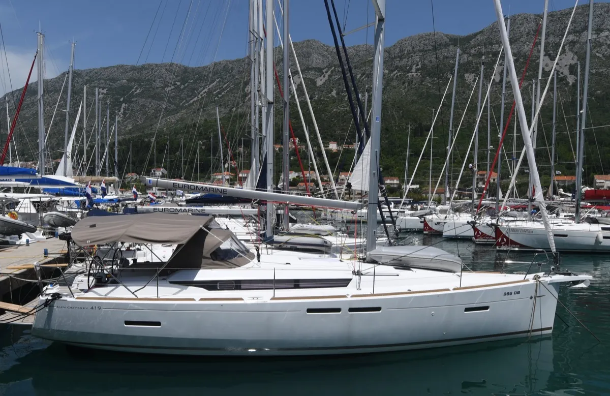 Exterior view of Euros, a Jeanneau Sun Odyssey 419 sailboat at Dubrovnik, Croatia