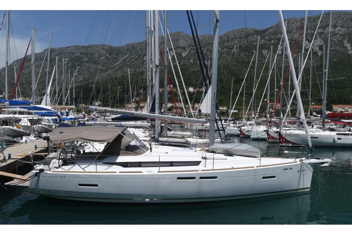 Exterior view of Euros, a Jeanneau Sun Odyssey 419 sailboat at Dubrovnik, Croatia