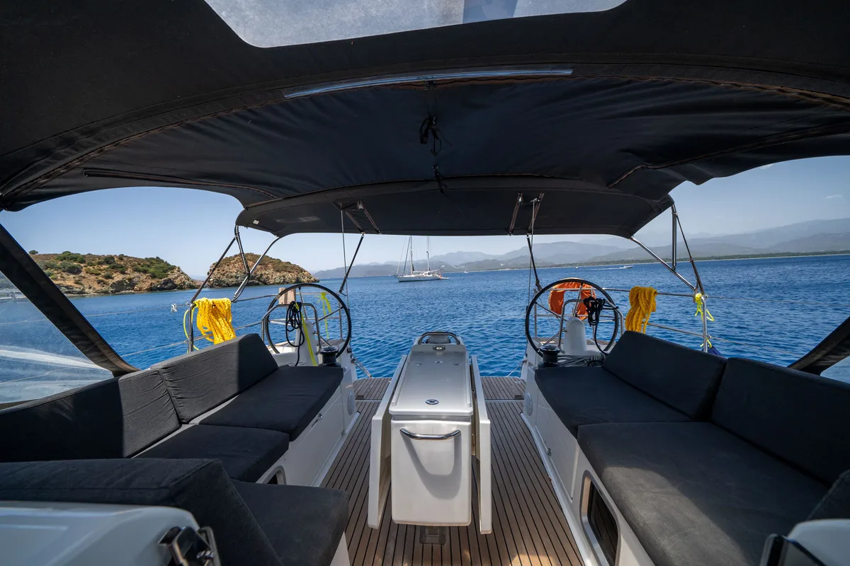 Cockpit of Elenor, a Jeanneau Sun Odyssey 490 sailboat at Fethiye, Turkey